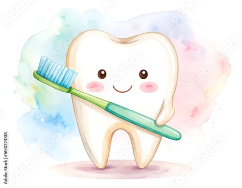 Cute tooth with a toothbrush. Watercolor-style illustration of a happy cartoon tooth holding a toothbrush