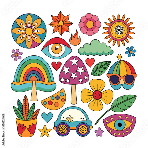 Retro groovy graphic elements of sunglasses, mushrooms, flowers, eyes, lips, windows