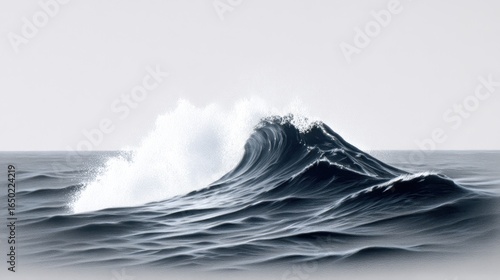 A majestic ocean wave crashing with white spray against a calm sea.