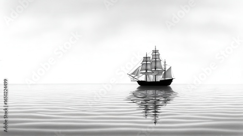 A majestic black-and-white sailing ship glides serenely across calm waters.