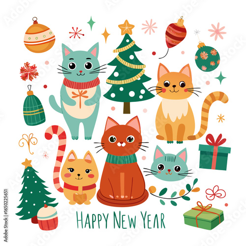 Merry Christmas! Bundle of cats celebrating winter holiday. Vector illustration of cute pets wearing costumes, climbing Christmas tree and being naughty in flat cartoon style.