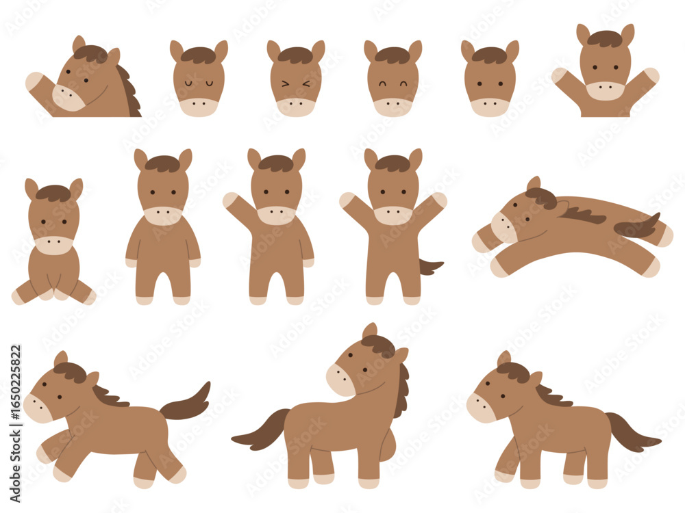 Fototapeta premium かわいい馬のベクターイラストセット。干支、十二支、午、うま、アイコン、午年、年賀状