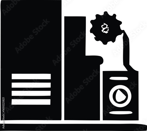 Silhouette of a vintage reel to reel tape recorder with a microphone and a stack of horizontal lines representing audio waves