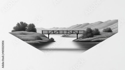 Calm monochrome landscape with a wooden bridge over a serene river.