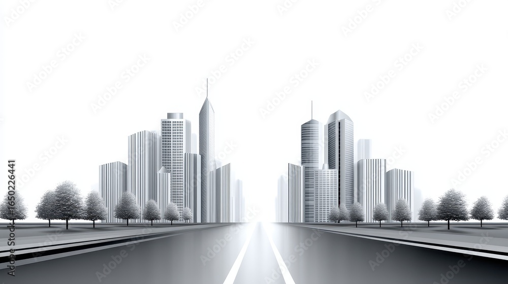 Fototapeta premium Futuristic city skyline with sleek buildings and a clear, open road ahead.