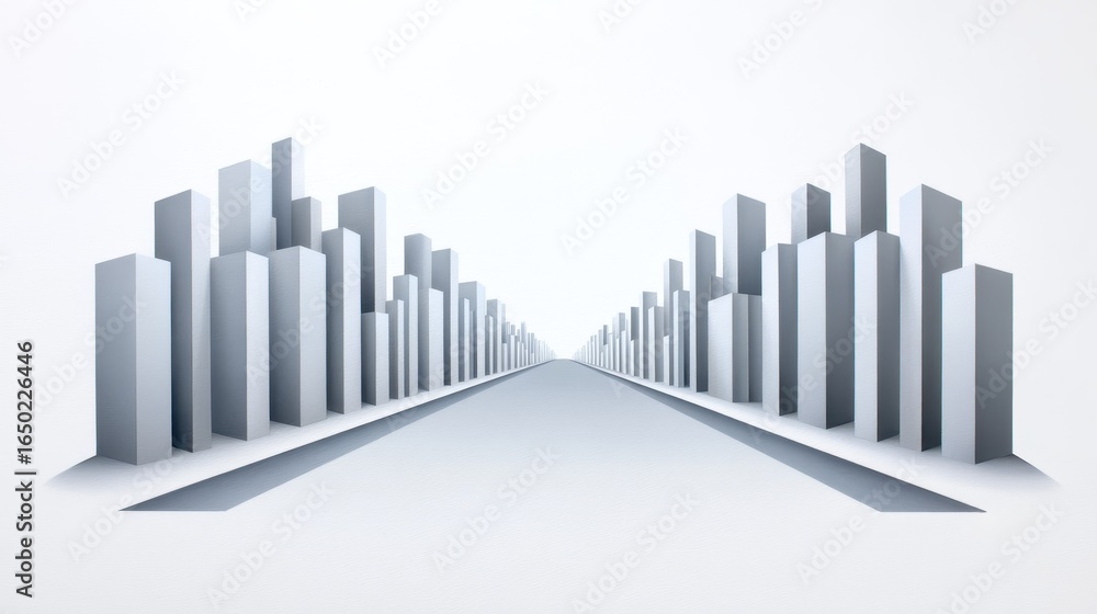 Fototapeta premium Minimalist cityscape with sleek skyscrapers and a vanishing point perspective.