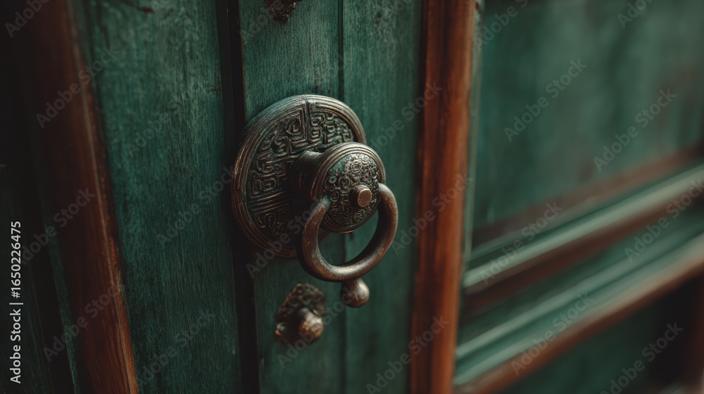 Fototapeta premium An intricately carved mint green doors showcases exquisite craftsmanship and traditional cultural artistry in architectural design.