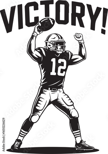 Football player celebrates victory throwing football, number 12