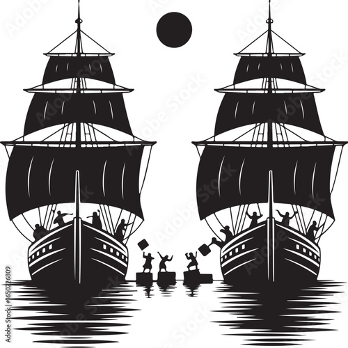 Two tall ships sail under a full moon at night