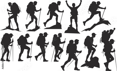 Hiking silhouette vector set, mountain climber, trekking, backpacker, outdoor adventure, hiking man, expedition, mountaineering, travel sport, wilderness exploration illustration