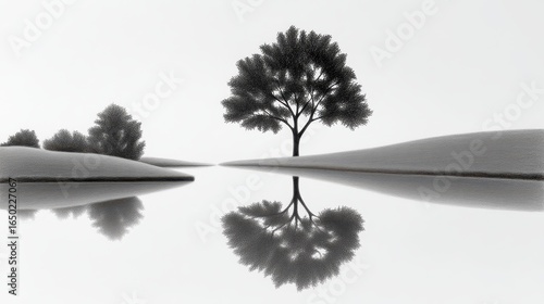Serene landscape with a single tree reflecting in calm water, monochrome beauty.
