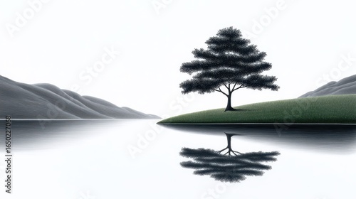 Solitary tree reflected in tranquil waters, creating a serene landscape.