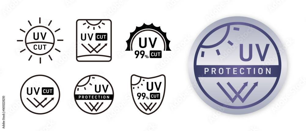 Obraz premium UVカットのアイコンセット（UV 太陽光 日焼け止め 紫外線 紫外線カット 紫外線対策 UV protection ベクター 編集可能）