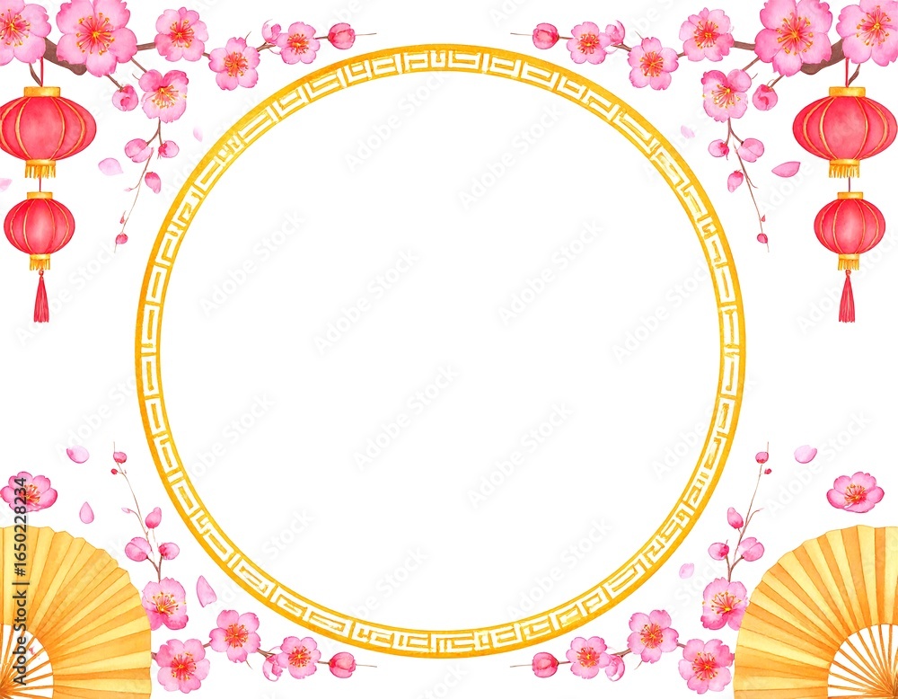 Naklejka premium Watercolor lunar new year frame with lanterns and cherry blossoms decoration