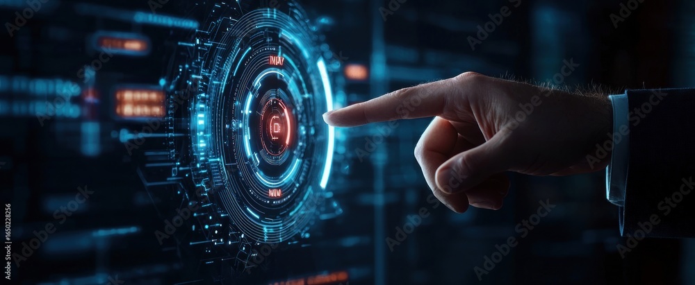 Fototapeta premium Close up of businessman hand pointing at abstract glowing max and min scale hologram on dark background. Volume control and future concept