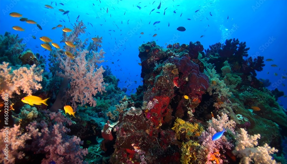 Fototapeta premium Vibrant coral reef teeming with colorful fish.