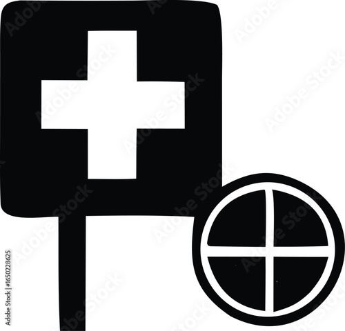 Stylized black and white iconography featuring a prominent white cross on a square sign and a circular element with crosshairs