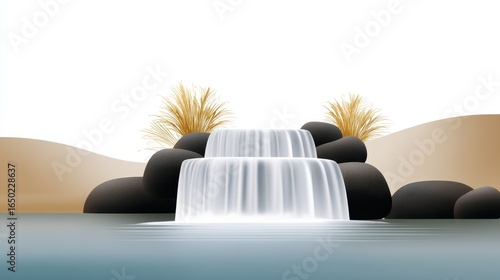 Tranquil waterfall cascading over smooth stones in a serene landscape.