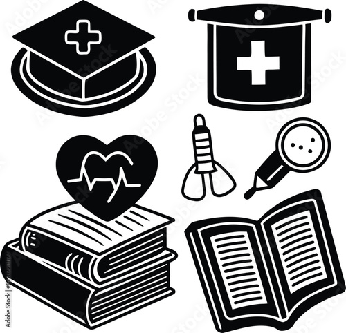 Collection of hand drawn medical and healthcare icons representing education science and well being