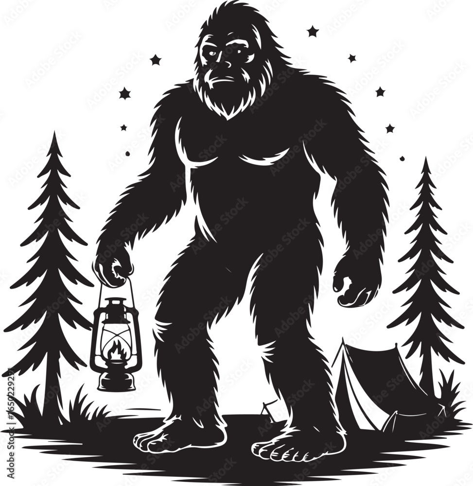 Fototapeta premium Bigfoot camping with lantern under starry night sky