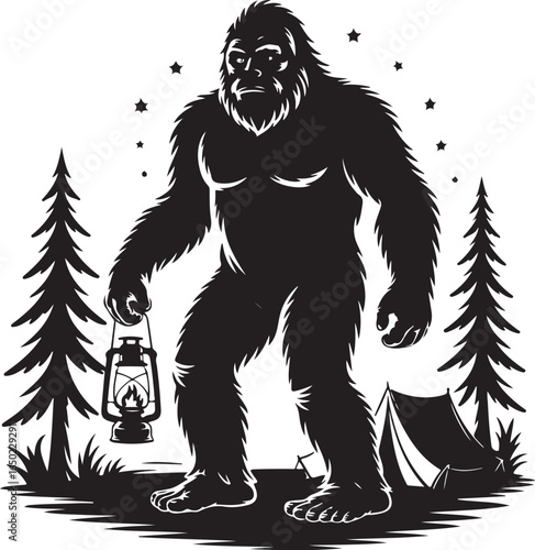 Bigfoot camping with lantern under starry night sky