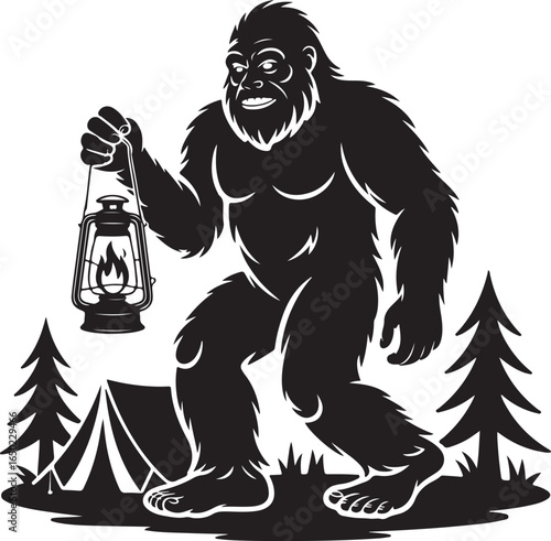 Bigfoot camping with lantern in spooky forest
