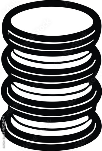 A stylized black and white illustration of a stack of round flat objects possibly coins or plates with distinct horizontal lines