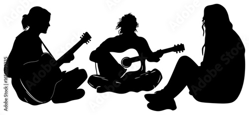 silhouette of three people sitting in a circle, one playing guitar