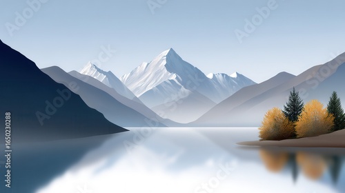 Serene mountain landscape reflecting in a tranquil lake with autumn trees.