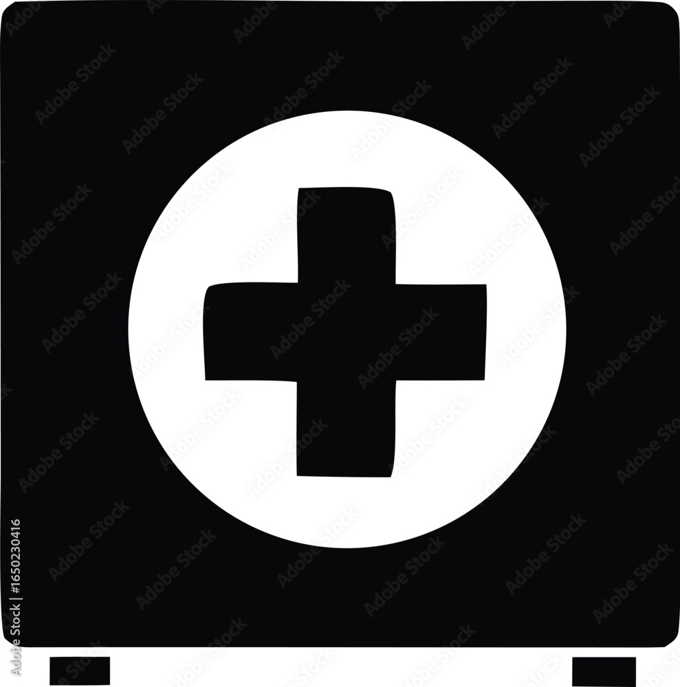 Obraz premium Simple black and white icon of a medical first aid kit with a prominent white cross symbol on a dark background
