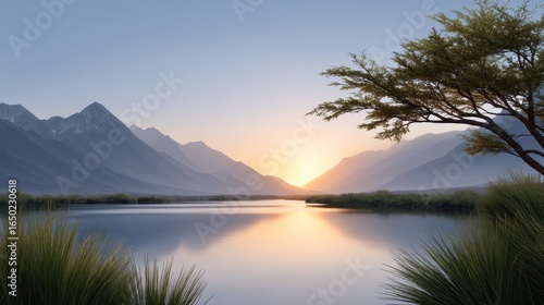 Serene sunrise over mountains and calm waters in a tranquil landscape.