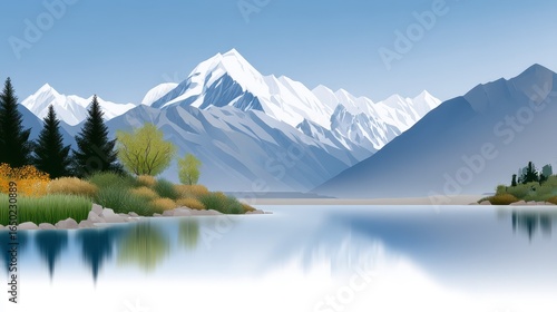 Serene mountain landscape with reflections in a tranquil lake under clear skies.
