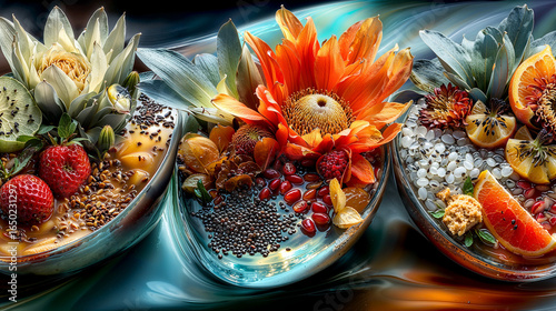 Colorful dessert bowls featuring an array of fresh fruits and edible flowers artfully arranged in a stylish presentation