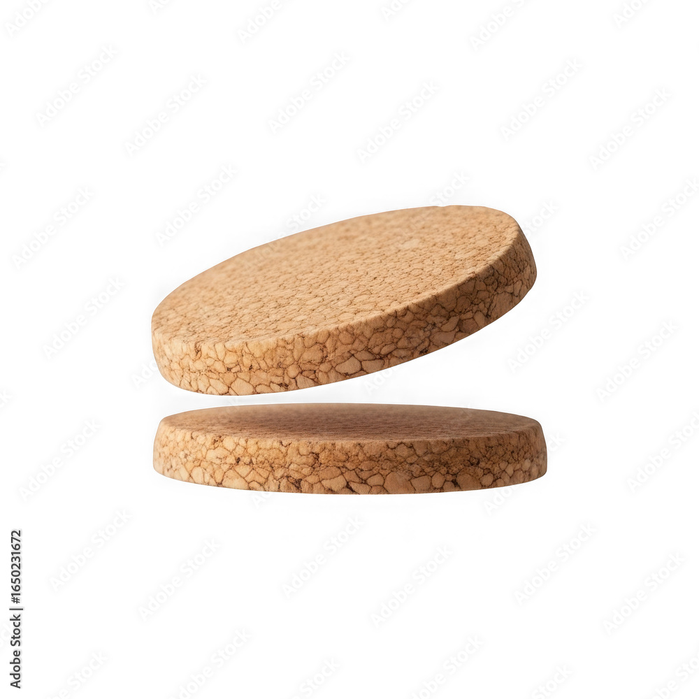 Floating cork coasters set, round cork pads for drinks, heat resistant table protectors, natural cork material, eco-friendly design, isolated on transparent background Floating cork coasters set, round cork pads for drinks, heat resistant table protectors, natural cork material, eco-friendly design, isolated on transparent background
