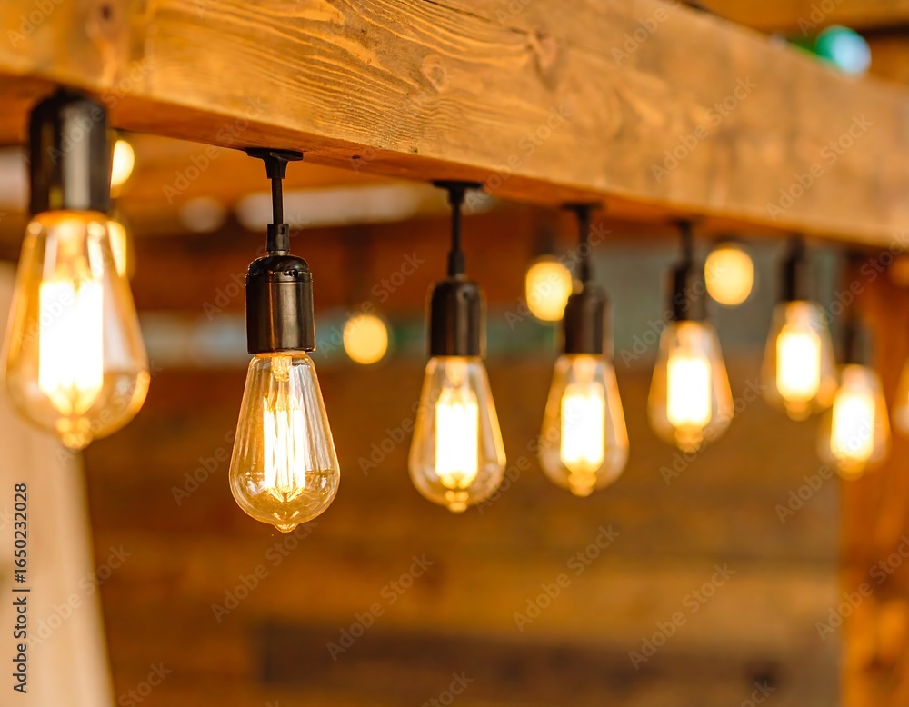 Obraz premium Warm and inviting: A row of vintage Edison bulbs hanging from a wooden beam structure