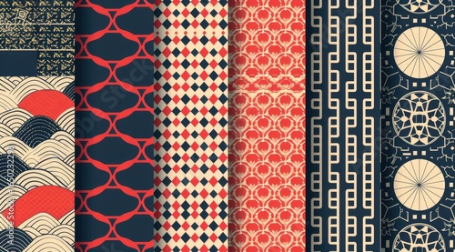 Asian textile patterns, design collection, fabric swatches, seamless background, digital paper