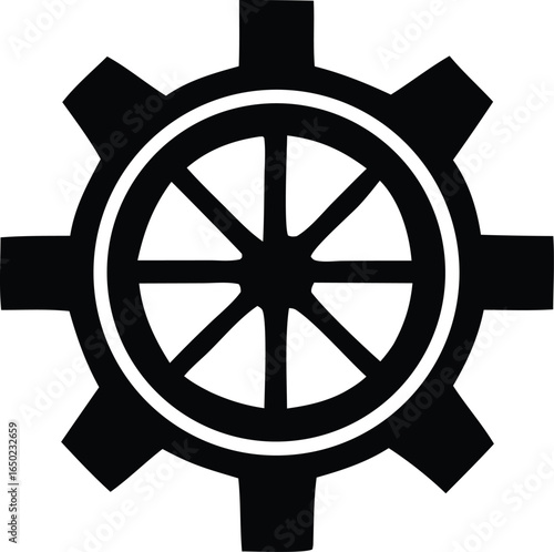 A stark black and white graphic design featuring a central spoked wheel enclosed within a gear like outer rim