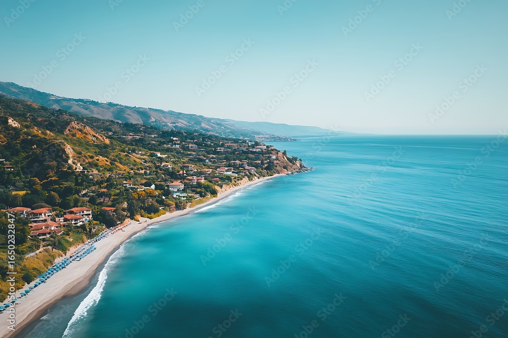 Fototapeta premium A wide shot of the beach drone footage, a clear blue sky and some waves in front of bright greenery and houses on hills in the background, 