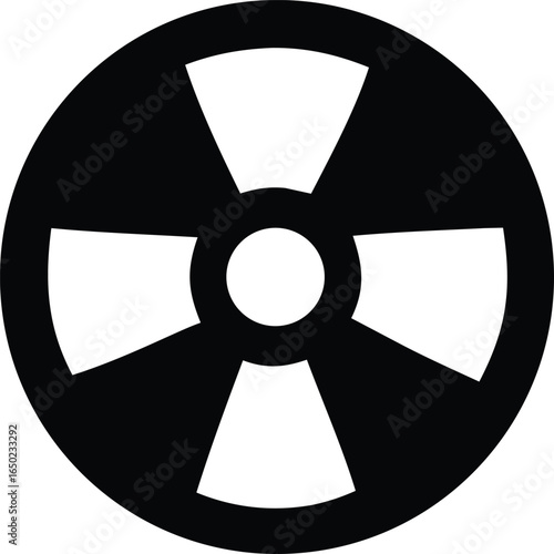 Black and white radiation hazard symbol representing danger and the potential for harmful radioactive materials in a circular design