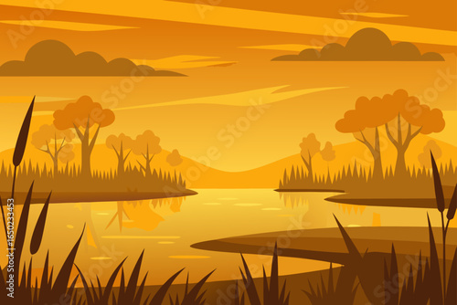 Serene sunset over a tranquil lake with silhouetted trees and reeds