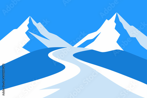 Stylized winter mountain landscape with a winding snowy path