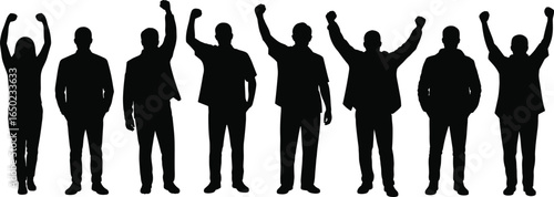 Group of people celebrating success, teamwork unity, raised hands silhouette, business team, achievement, collaboration, victory gesture, positive energy, motivation, empowerment.