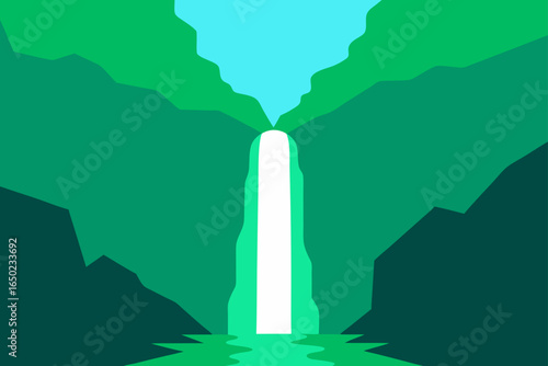 Stylized waterfall flowing down green cliffs into a pool