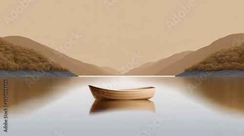 A serene wooden boat floats on a tranquil lake surrounded by soft, muted hills.