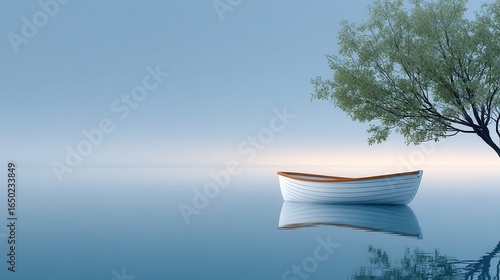A serene scene featuring a wooden boat anchored by a calm lake at dawn.