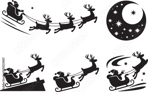 Santa's sleigh with reindeer flying across night sky