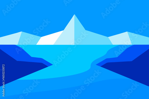 Minimalist geometric iceberg illustration with blue ocean and sky