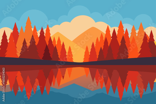Vibrant forest landscape reflected in calm lake water at sunset