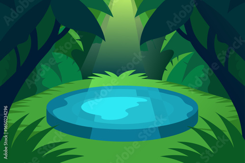 Tranquil jungle clearing with a natural pool and sunlight rays
