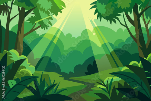 Lush green jungle path bathed in ethereal sunbeams